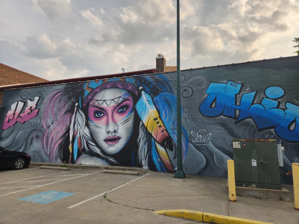 Native American Woman Mural in Cleveland, OH. Located at 6321 Detroit Avenue, on the side of the TRD Leather building. Artist Shane Pierce, @abstractdissent on Instagram.