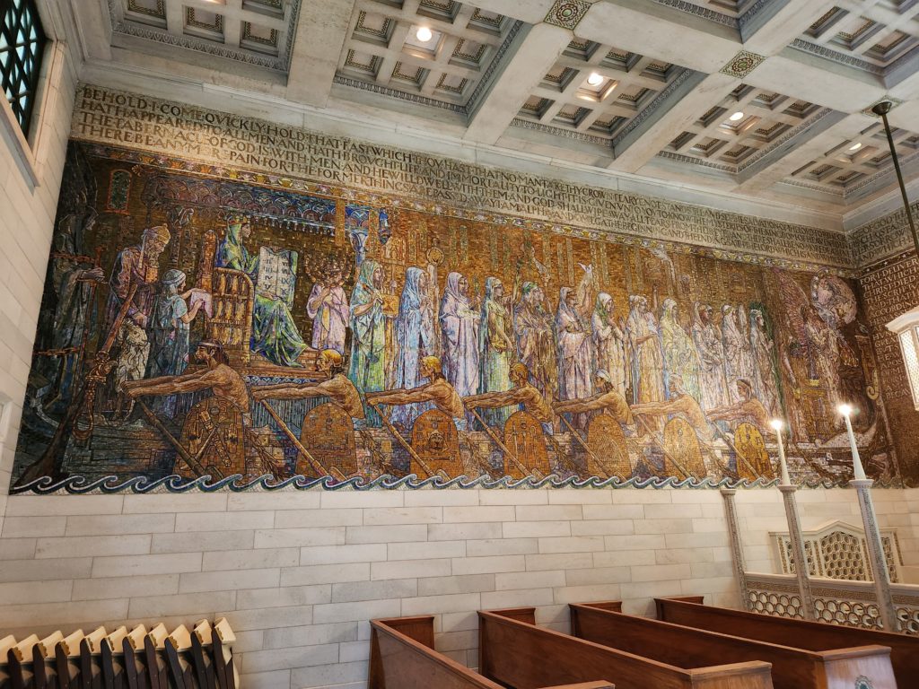 The mosaic walls in the Wade Memorial Chapel. 