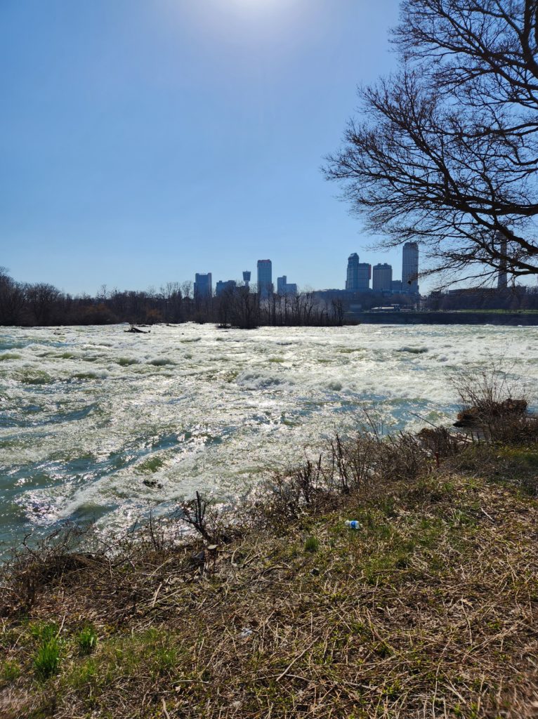 A view of the Niagara River in New York, with the towering Canadian hotels in the distance.