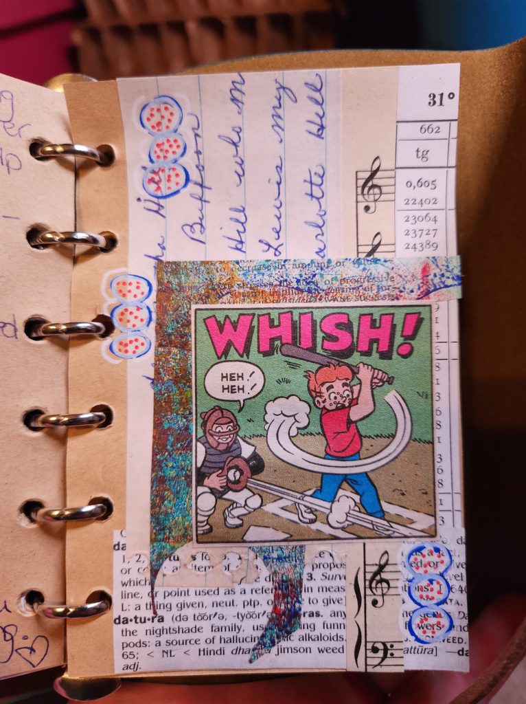 A mixed media art page with a comic book square dominating the bottom half. The picture is a cartoon of a boy swinging a bat and striking out. The ball goes into the catchers mitt behind him. Different types of book pages, handwriting, and doodles in paint pen make up the background layers and add color.