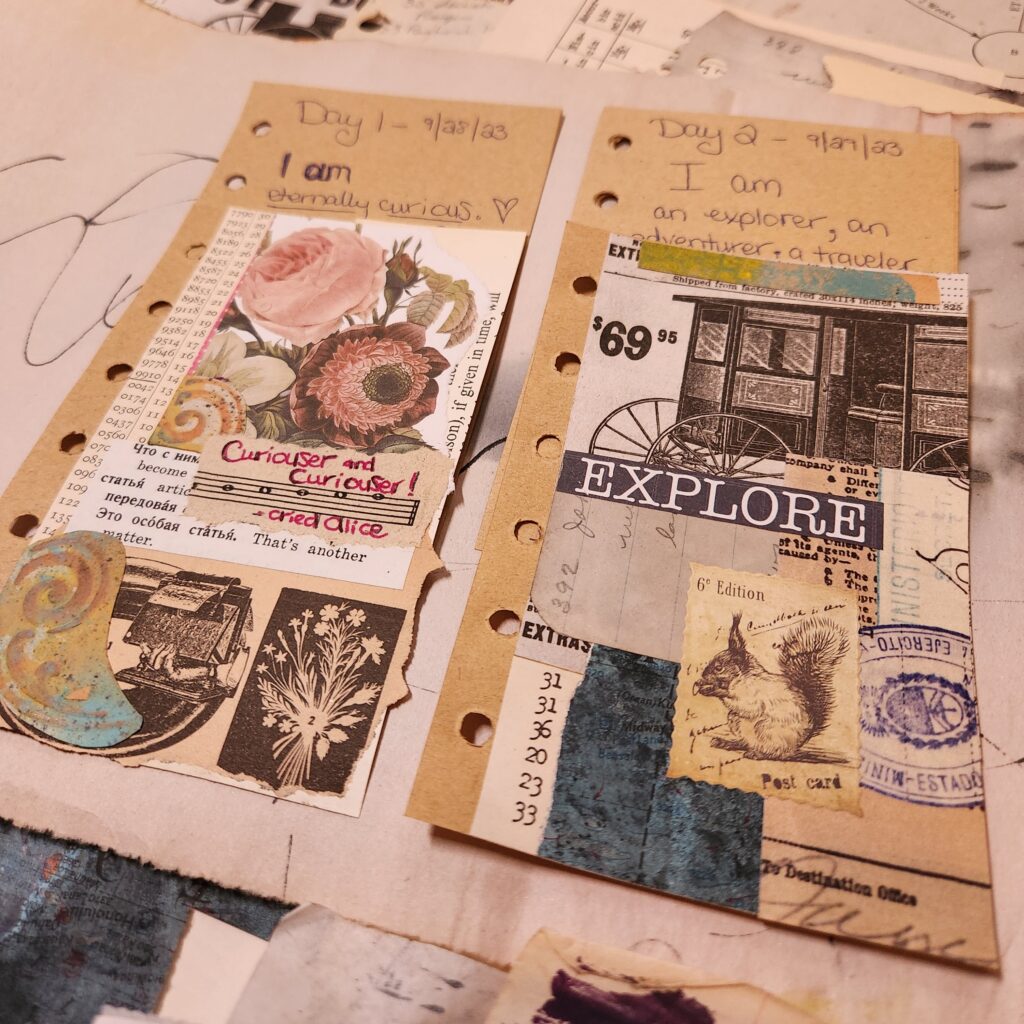 Two 3x5 pieces of paper with collages on them. Both have all different kinds of vintage papers mixed together for the background. One says, "Curiouser and Curiouser, cried Alice." The other says, "Explore." 